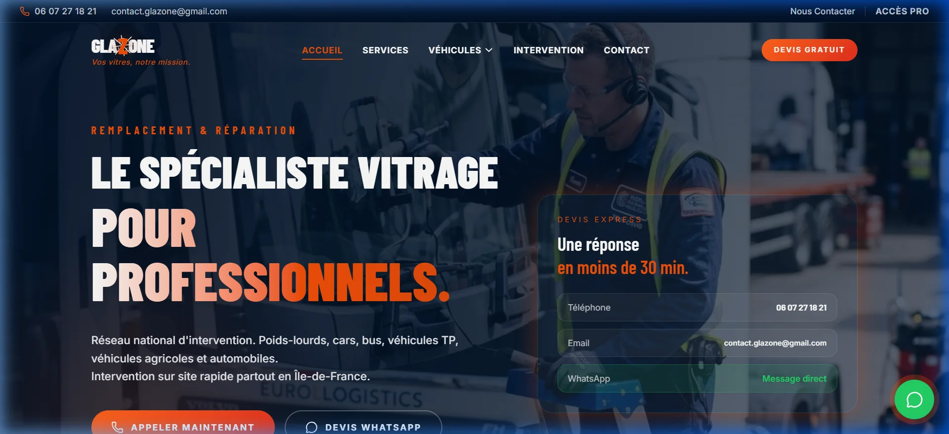 Démo interactive Glazone - Vitrage Automobile & Teintage développée par TY Dev